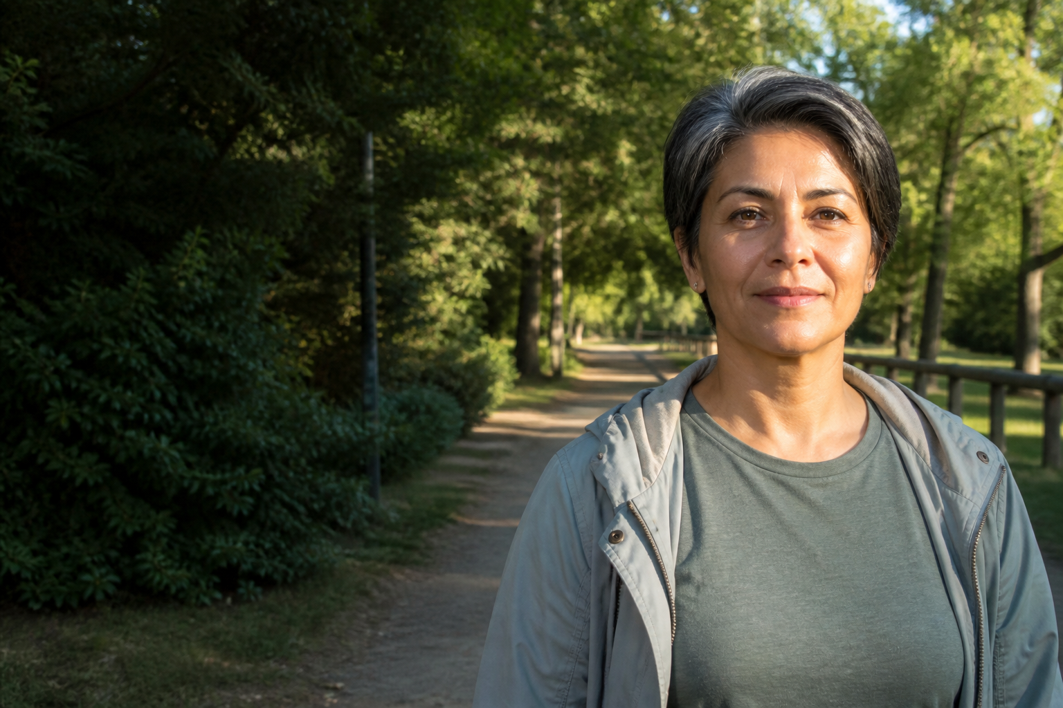 A woman standing confidently on a sunlit park path, looking calmly toward the camera